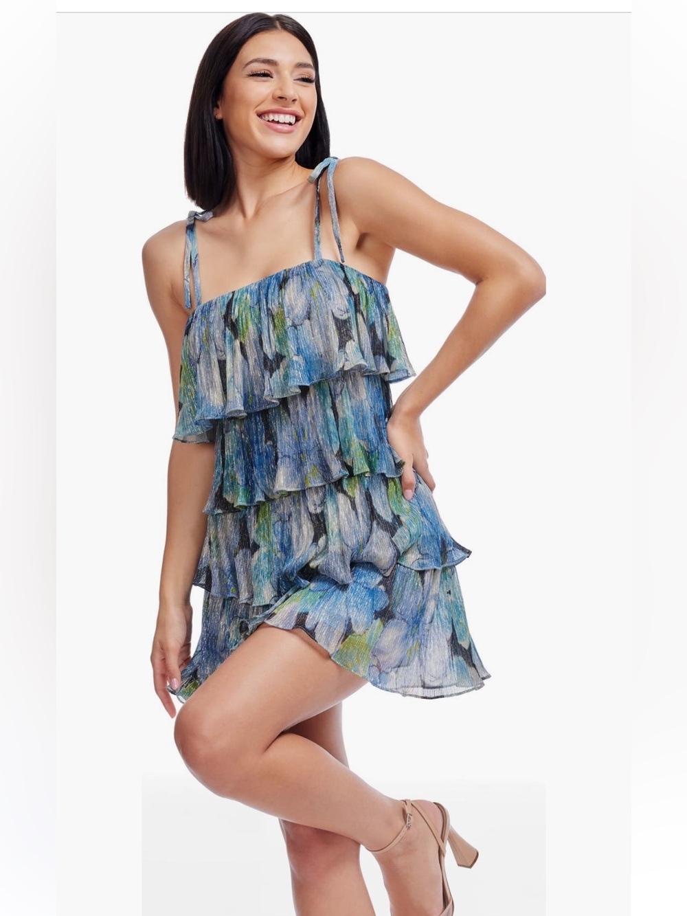 Dress the Population Pixie Tiered Ruffle Mini Dress Metallic Size Small